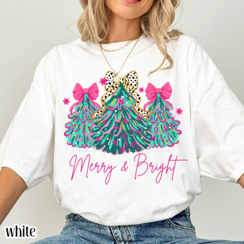 Christmas Shirt Merry And Bright Tree Tee, Cute Bow Tree Shirt